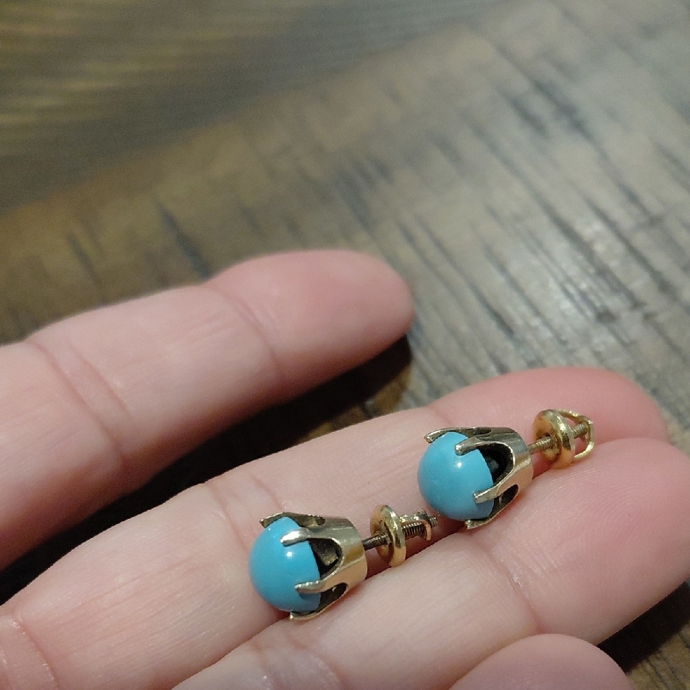 Gold Turquoise Stud Earrings - Women's Jewelry - Picture 5 of 6